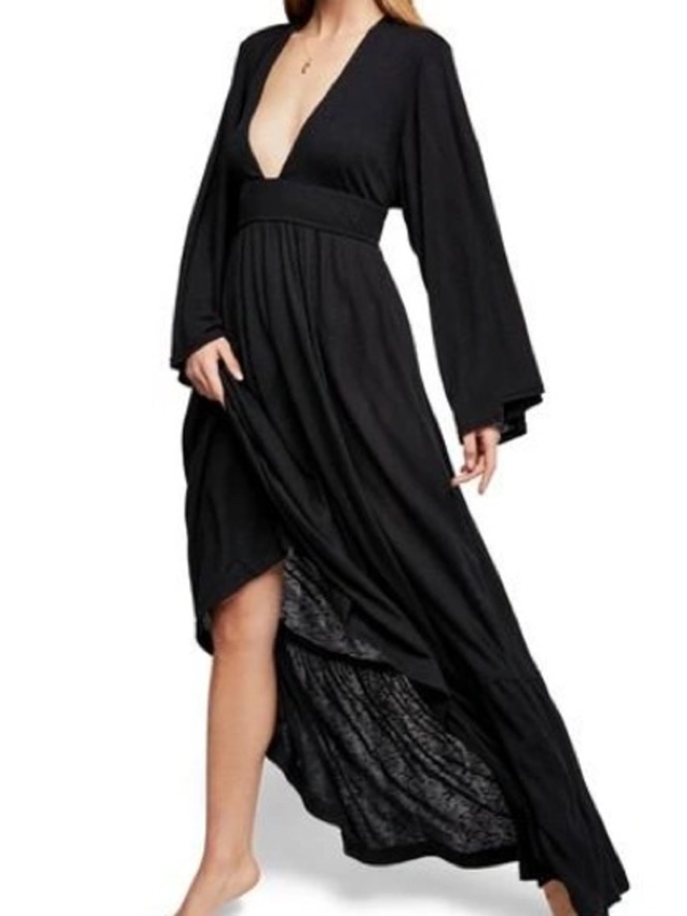 Free People Black Deep V-Neck Long Sleeve Maxi Dress
